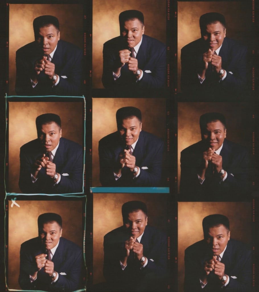Contact sheet of various photos of Muhammad Ali in a suit making different expressions