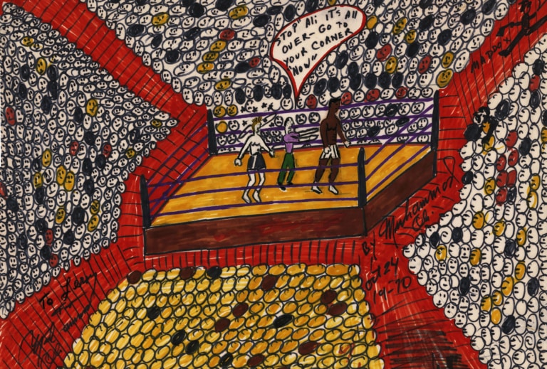 Color drawing by Muhammad Ali predicting win with Lester Maddox running down aisle
