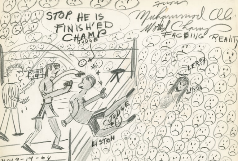 Pencil drawing by Muhammad Ali of Sonny Liston fight predicting win