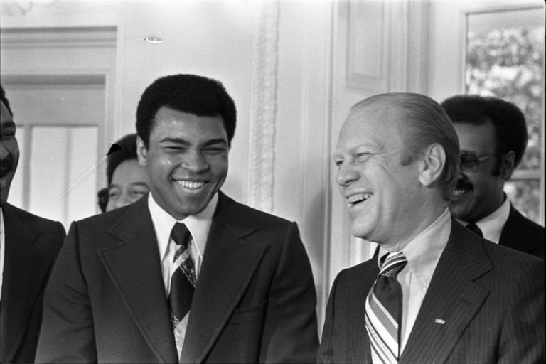 Black and white photo of Muhammad Ali with President Gerald Ford