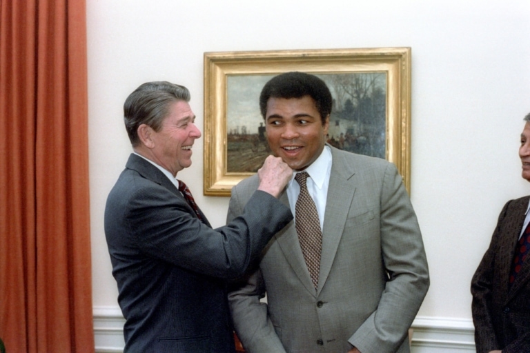 Black and white photo of Muhammad Ali and U.S. President Ronald Reagan