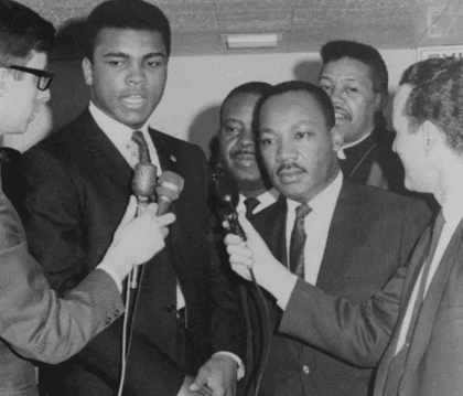 Black and white picture of Muhammad Ali and Martin Luther King Jr.