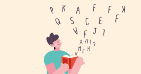 Drawing of person reading from book with letters flying out of pages