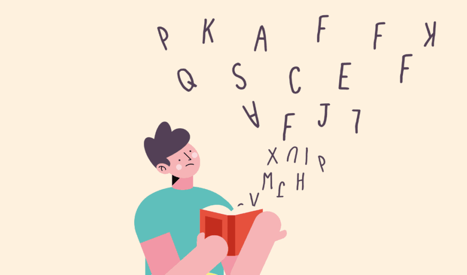 Drawing of person reading from book with letters flying out of pages