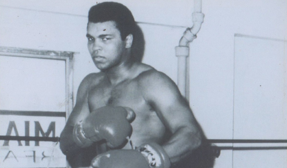 Black and white photo of Muhammad Ali in boxing ring