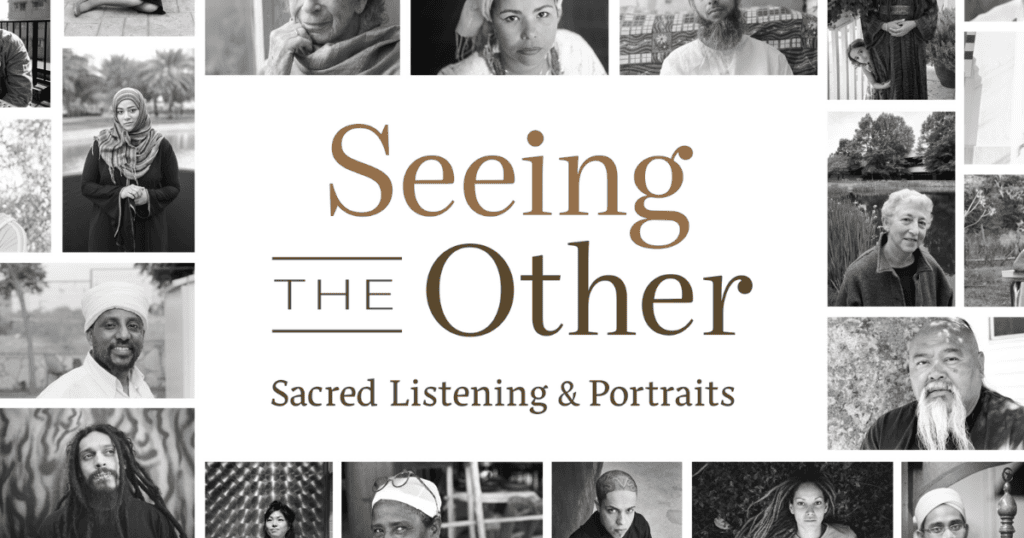 Text "Seeing the Other" with Portraits in Faith and Muhammad Ali Center logos surrounded by photos of individuals