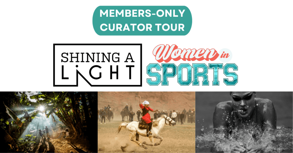 Text "Members Only Curator Tour" with "Shining a Light" and "Women in Sports" logos