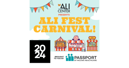 Text "Ali Fest Carnival" and cartoon pictures of carnival attractions with Passport by Molina Healthcare logo