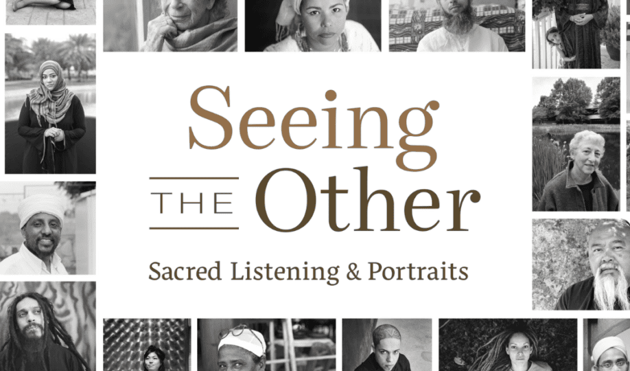 Text "Seeing the Other" with Portraits in Faith and Muhammad Ali Center logos surrounded by photos of individuals