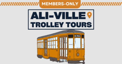 Picture of trolley with "Members-Only Ali-Ville Trolley Tours" text