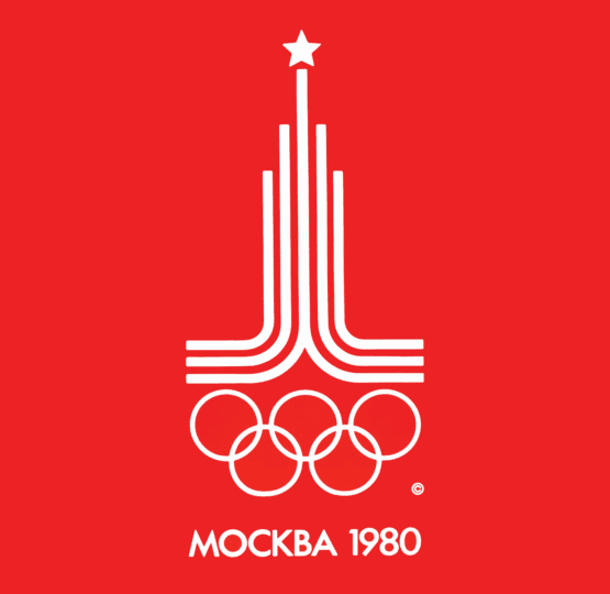 1980 Moscow Olympics logo on bright red background