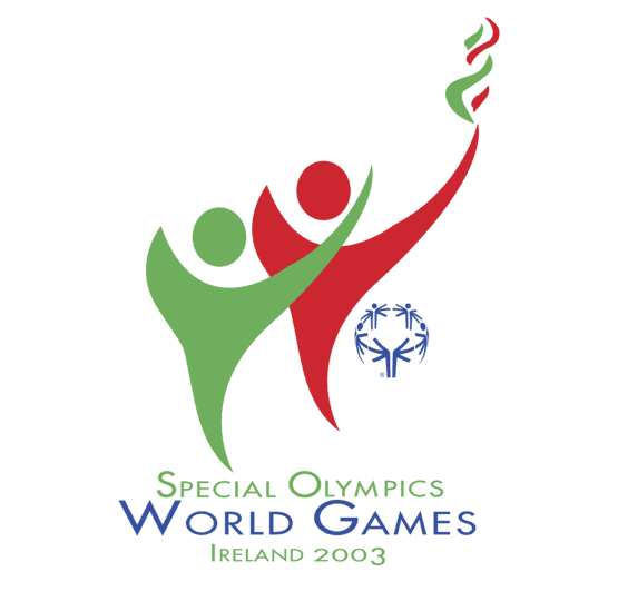 Special Olympics 2003 logo with red and green silhouettes holding torch