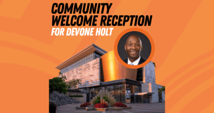 Picture of DeVone Holt and Ali Center with text "Community Welcome Reception"