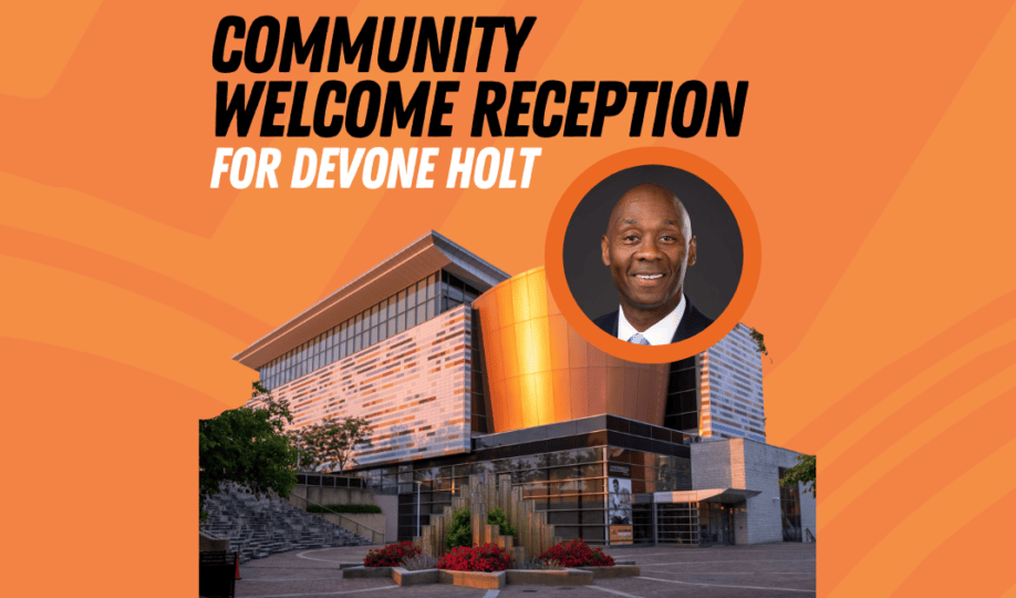 Picture of DeVone Holt and Ali Center with text "Community Welcome Reception"