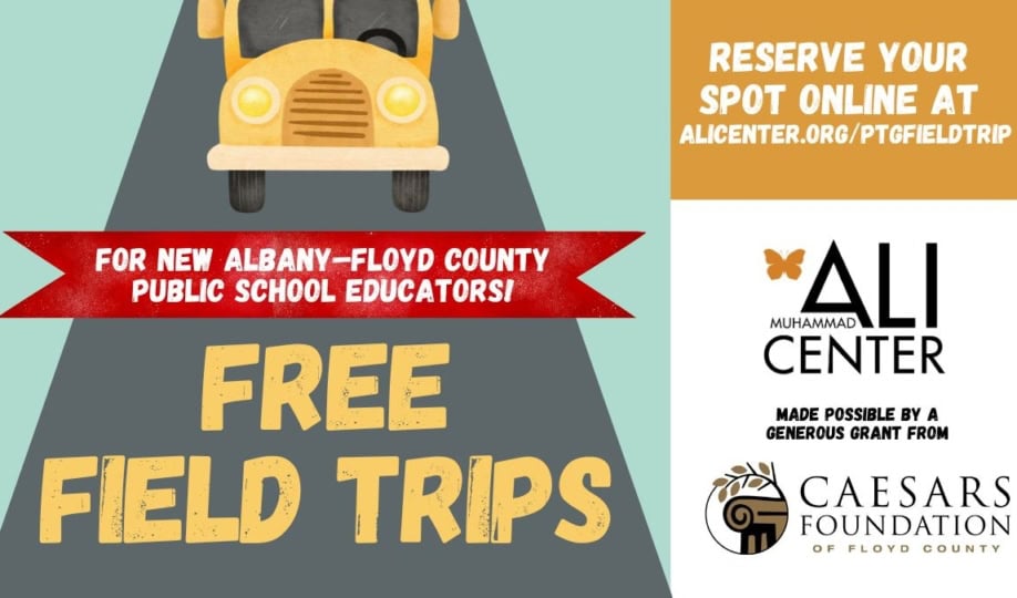 Illustration of school bus with text "Free Field Trips" alongside Ali Center logo and Caesars Foundation of Floyd County logo