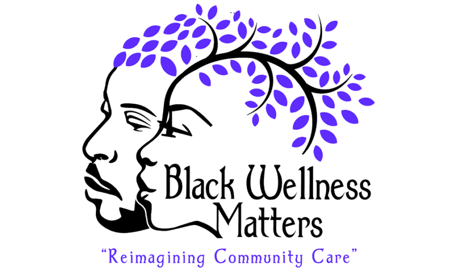 Black Wellness Matters logo featuring illustrations of two people with quote "Reimagining Community Care"