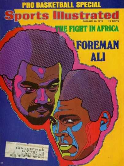 Photo of Sports Illustrated cover featuring colorful illustrations of Muhammad Ali and George Foreman's faces