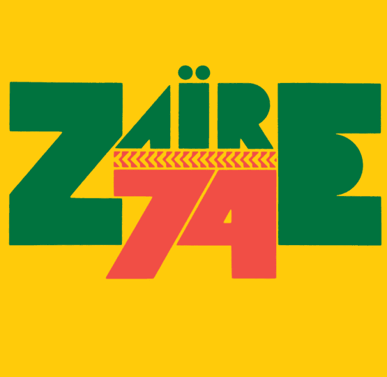 Logo of Zaire 74 music festival with text stylized in green and red on yellow background