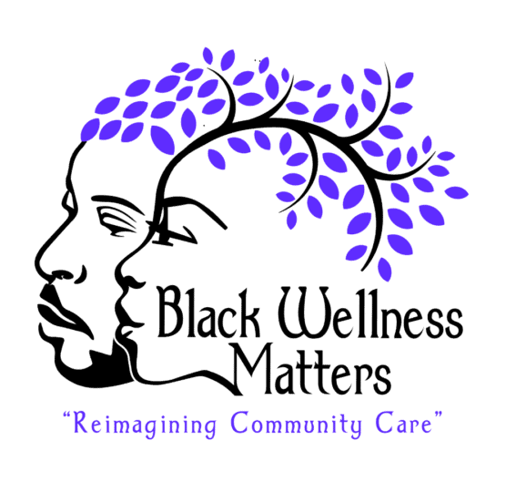 Black Wellness Matters logo featuring illustrations of two people with quote "Reimagining Community Care"