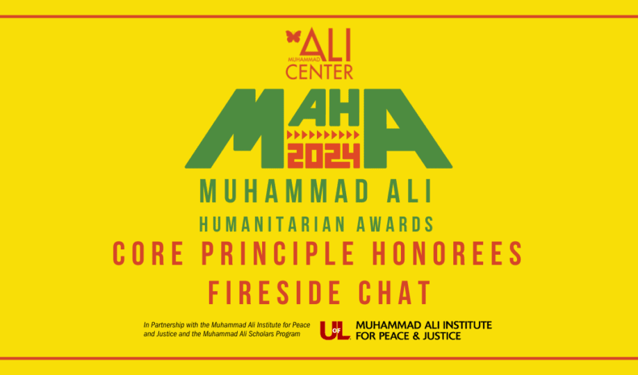 Yellow background image with green MAHA 2024 logo alongside text "Muhammad Ali Humanitarian Awards Core Principle Honorees Fireside Chat" and UofL logo