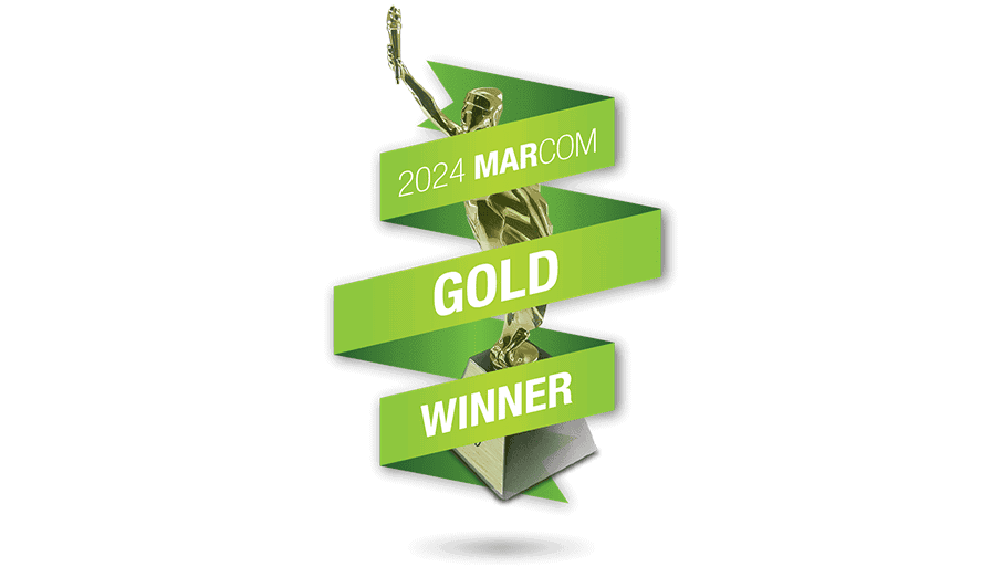 Logo of MarCom Awards with green ribbon and text "2024 MarCom Gold Winner"