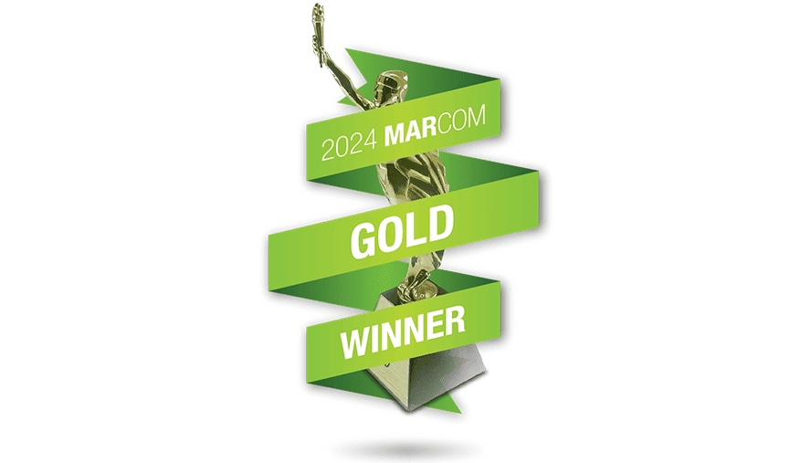 Logo of MarCom Awards with green ribbon and text "2024 MarCom Gold Winner"