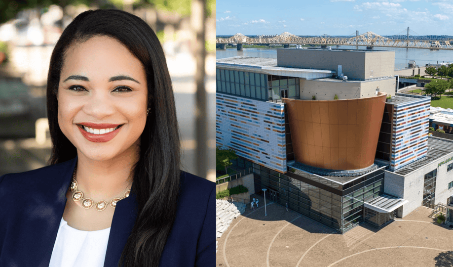 Photo of woman with dark hair wearing navy blue blazer smiling at camera next to an aerial photo of the Muhammad Ali Center