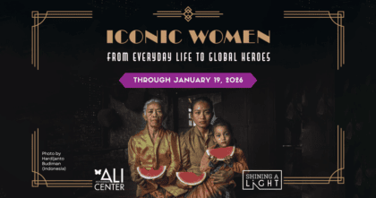 Multiple generations of women wearing gold/brown clothing and holding slices of watermelon with art deco text "Iconic Women: From Everyday Life to Global Heroes" and Shining a Light logo