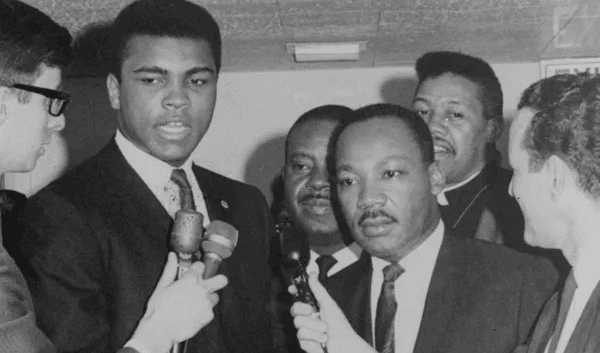 Black and white picture of Muhammad Ali and Martin Luther King Jr.