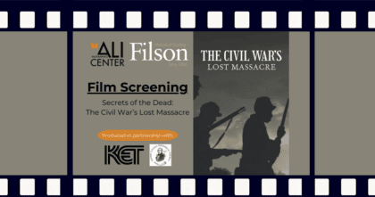 Film strip with gray backdrop, showcasing movie poster and text 'Secrets of the Dead: The Civil War's Lost Massacre"