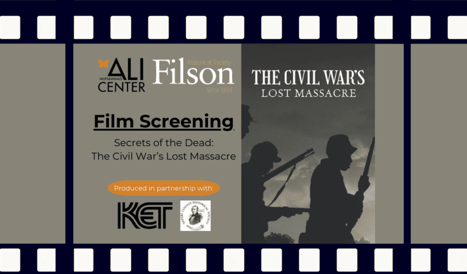 Film strip with gray backdrop, showcasing movie poster and text 'Secrets of the Dead: The Civil War's Lost Massacre"