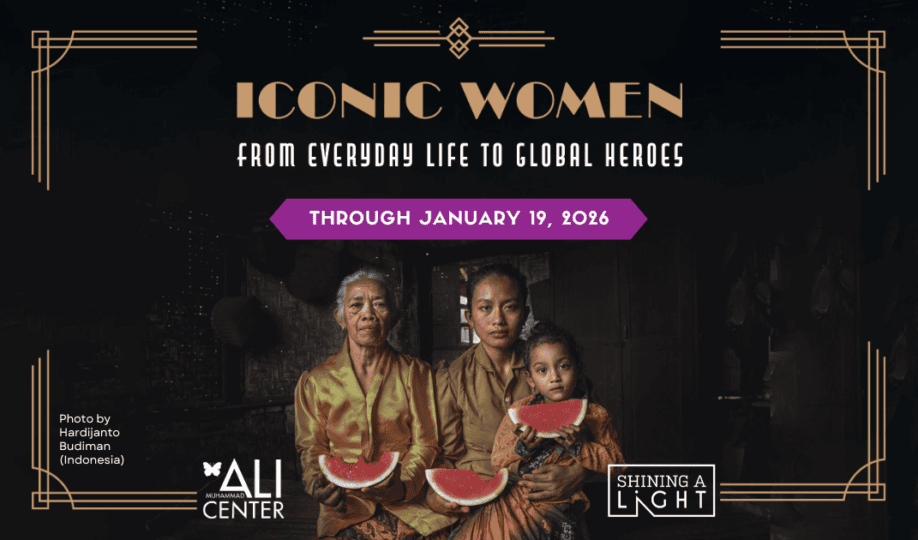 Multiple generations of women wearing gold/brown clothing and holding slices of watermelon with art deco text "Iconic Women: From Everyday Life to Global Heroes" and Shining a Light logo