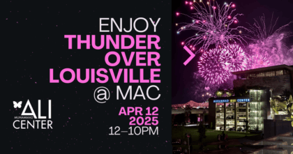 Muhammad Ali Center building with purple fireworks in background with text "Enjoy Thunder Over Louisville @ MAC"