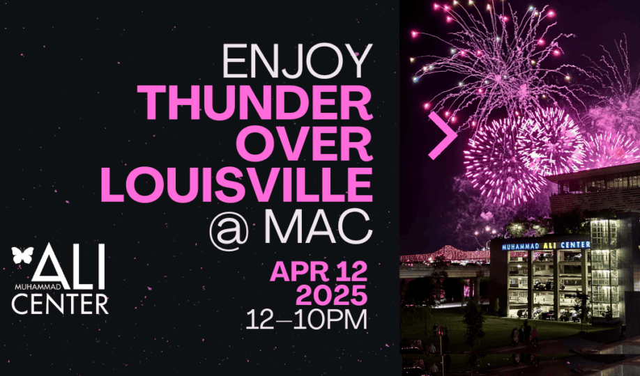 Muhammad Ali Center building with purple fireworks in background with text "Enjoy Thunder Over Louisville @ MAC"