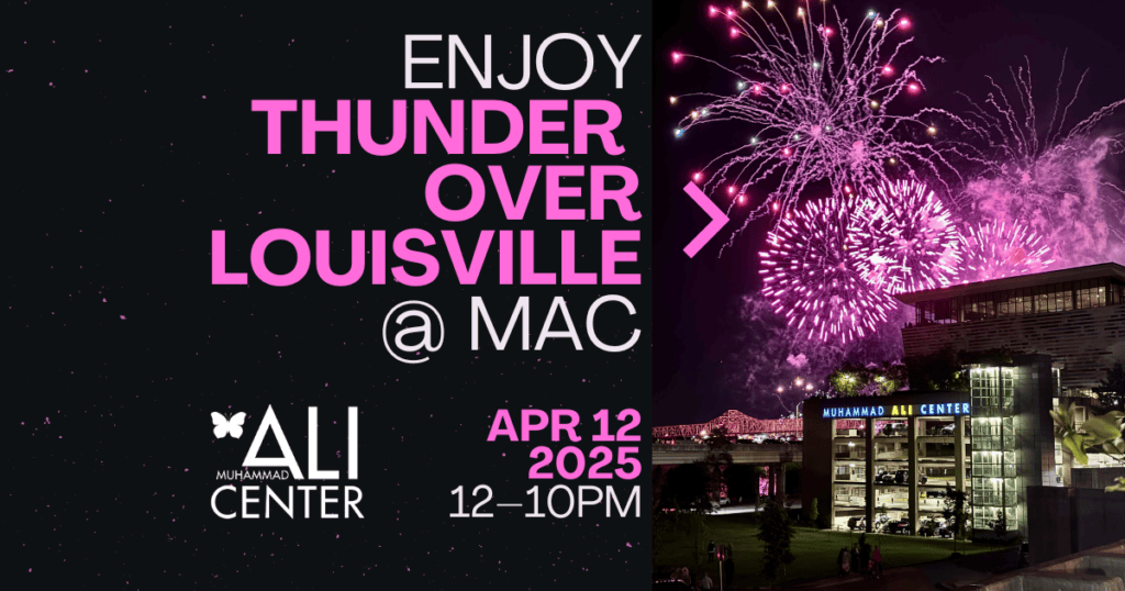 Muhammad Ali Center building with purple fireworks in background with text "Enjoy Thunder Over Louisville @ MAC"