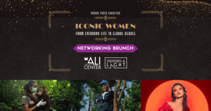 Photos of three women in various career fields on bottom of image with art deco, black and gold styled text "Iconic Women: From Everyday Life to Global Heroes - Networking Brunch"