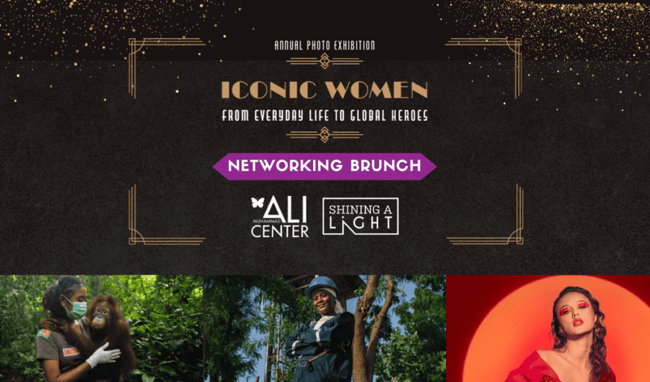 Photos of three women in various career fields on bottom of image with art deco, black and gold styled text "Iconic Women: From Everyday Life to Global Heroes - Networking Brunch"