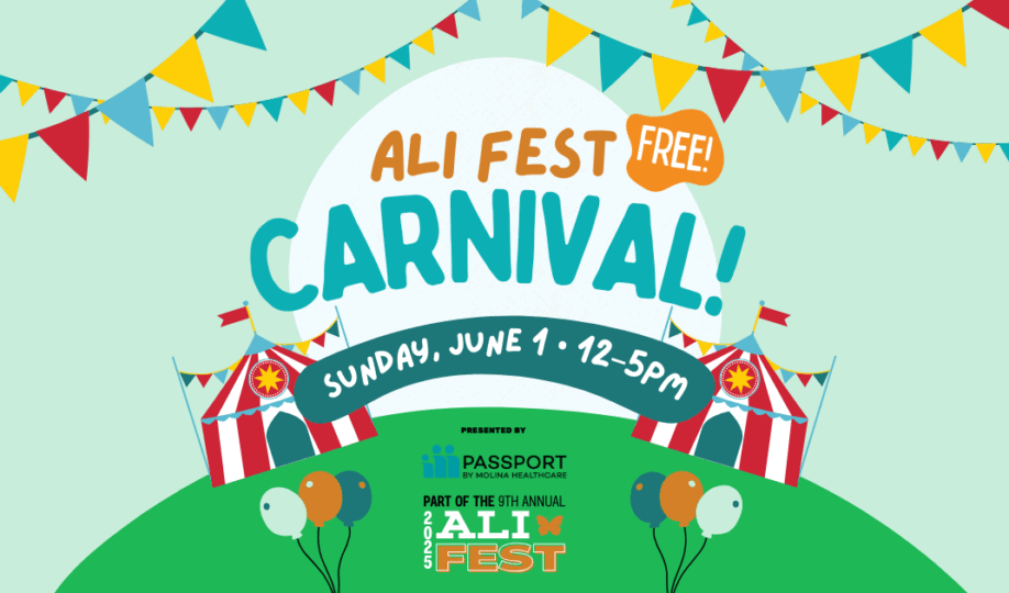 Illustration of carnival setting with balloons, streamers and tents alongside "Ali Fest Carnival" logo and text "Sunday, June 1 - 12P-5P"
