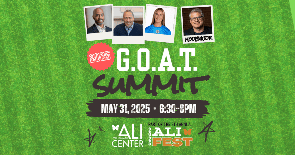 2025 G.O.A.T. Summit logo on gridiron background featuring images of panelists and text "May 31 - 6:30PM to 8PM"