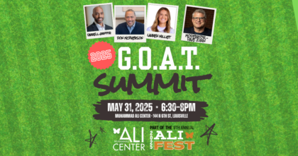 2025 G.O.A.T. Summit logo on gridiron background featuring images of panelists and text "May 31 - 6:30PM to 8PM"