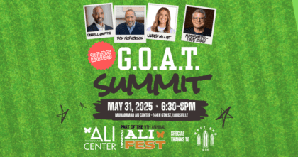 2025 G.O.A.T. Summit logo on gridiron background featuring images of panelists and text "May 31 - 6:30PM to 8PM" and logos of "Muhammad Ali Center," "Ali Fest," and "West End Gin"