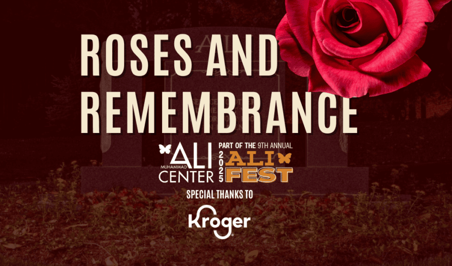 Photo of Ali's gravestone in background with "Roses and Remembrance," "Ali Center," and "Ali Fest" logos, featuring Special Thanks to Kroger at bottom of image