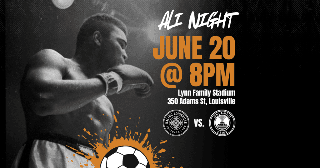 Black and white photo of Muhammad Ali side profile in boxing gear, with soccer ball illustration and text "Ali Night: June 20 @ 8PM, Lynn Family Stadium"