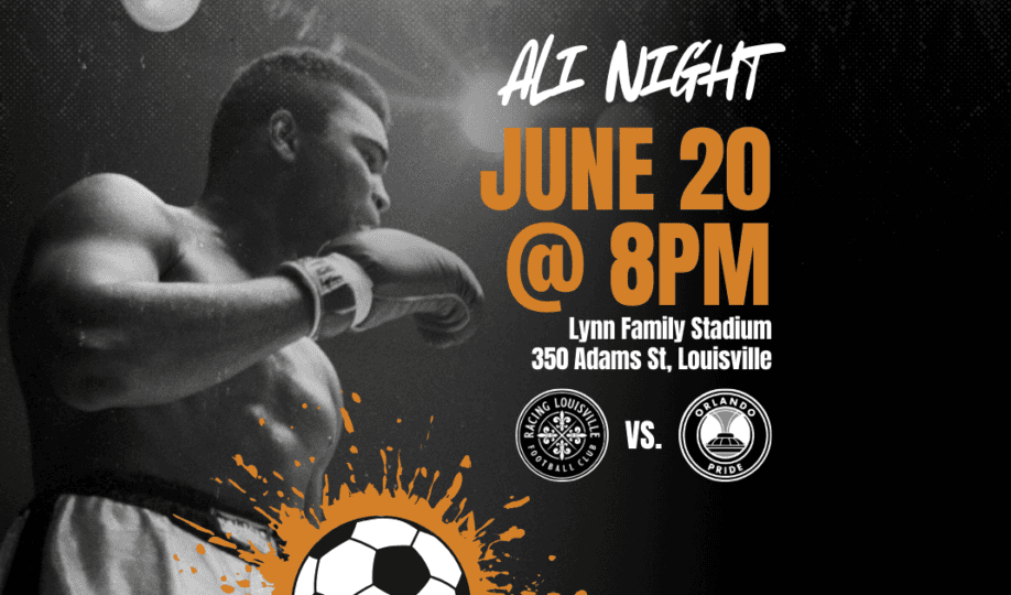 Black and white photo of Muhammad Ali side profile in boxing gear, with soccer ball illustration and text "Ali Night: June 20 @ 8PM, Lynn Family Stadium"