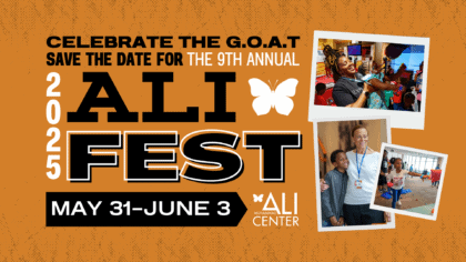 Photos of Ali Fest events in polaroid frames on orange background with Ali Fest and Ali Center logos