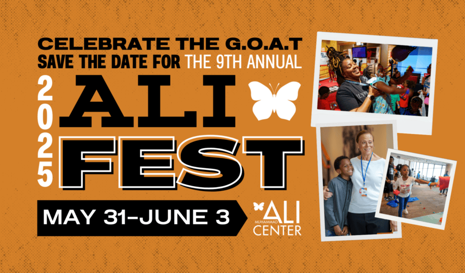 Photos of Ali Fest events in polaroid frames on orange background with Ali Fest and Ali Center logos