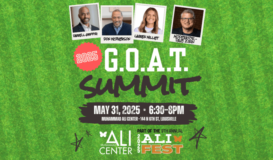 2025 G.O.A.T. Summit logo on gridiron background featuring images of panelists and text "May 31 - 6:30PM to 8PM"