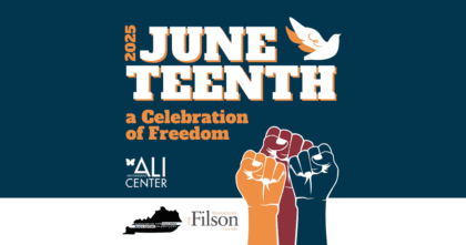A collection of illustrated fists raised up in the air on blue and white background with text "Juneteenth 2025: A Celebration of Freedom"