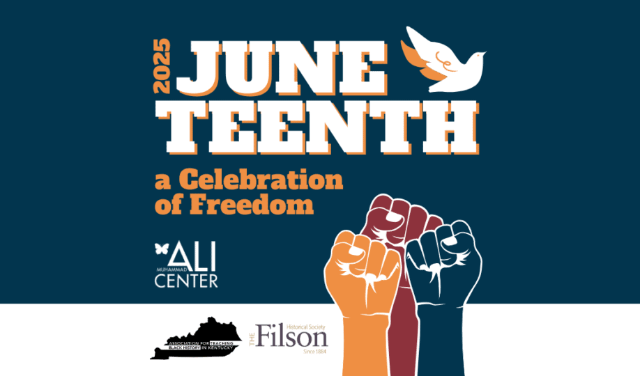 A collection of illustrated fists raised up in the air on blue and white background with text "Juneteenth 2025: A Celebration of Freedom"
