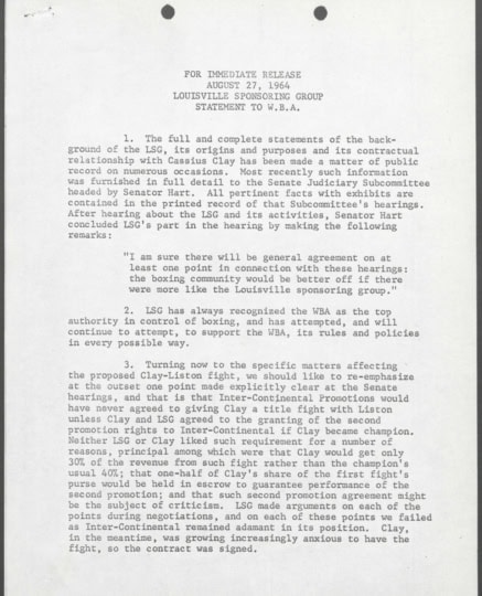 Scan of Louisville Sponsoring Group's agreement with the WBA on Aug. 27, 1964 in the form of a press release